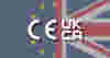 CE and UKCA logos overlay a flag made of half European and half UK flag